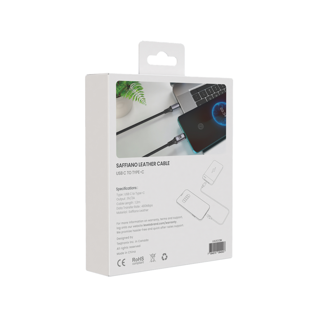 Levelo Otto USB C to C 60W Leather Cable - Black