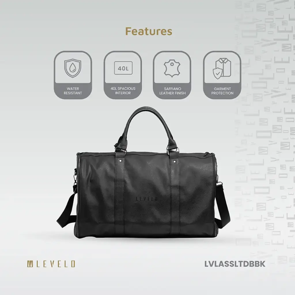 Levelo AllinStyle Saffiano Leather Travel Duffle Bag - Black