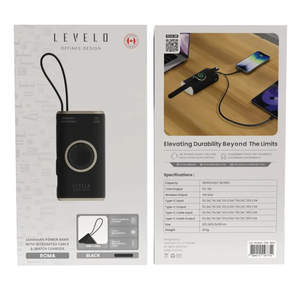 Levelo Roma 10000mAh Power Bank With Integrated Cable & Apple Watch Charger