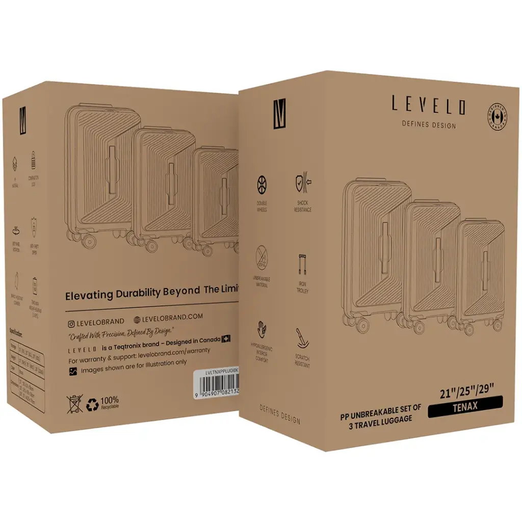 Levelo Tenax PP Unbreakable Set Of 3 Travel Luggage - Black.webp