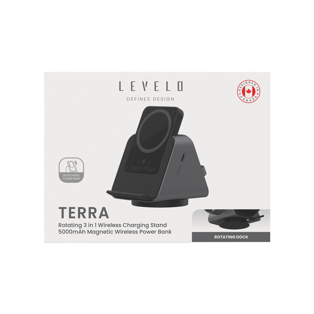 Levelo TERRA Rotating 3 in 1 Wireless Charging Stand
 with Portable 5000mAh Power Bank - Black