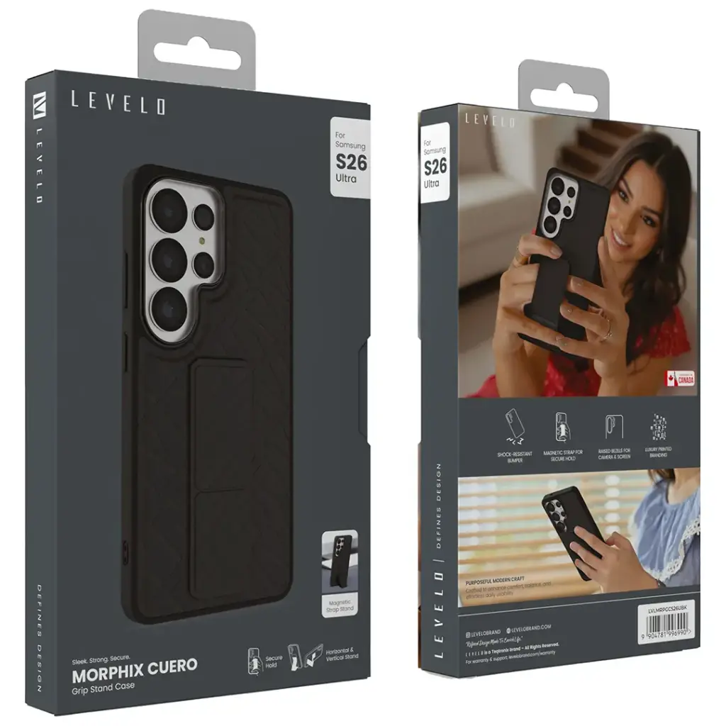 Levelo Morphix Cuero Grip Stand Case for S26 Ultra - Black.webp