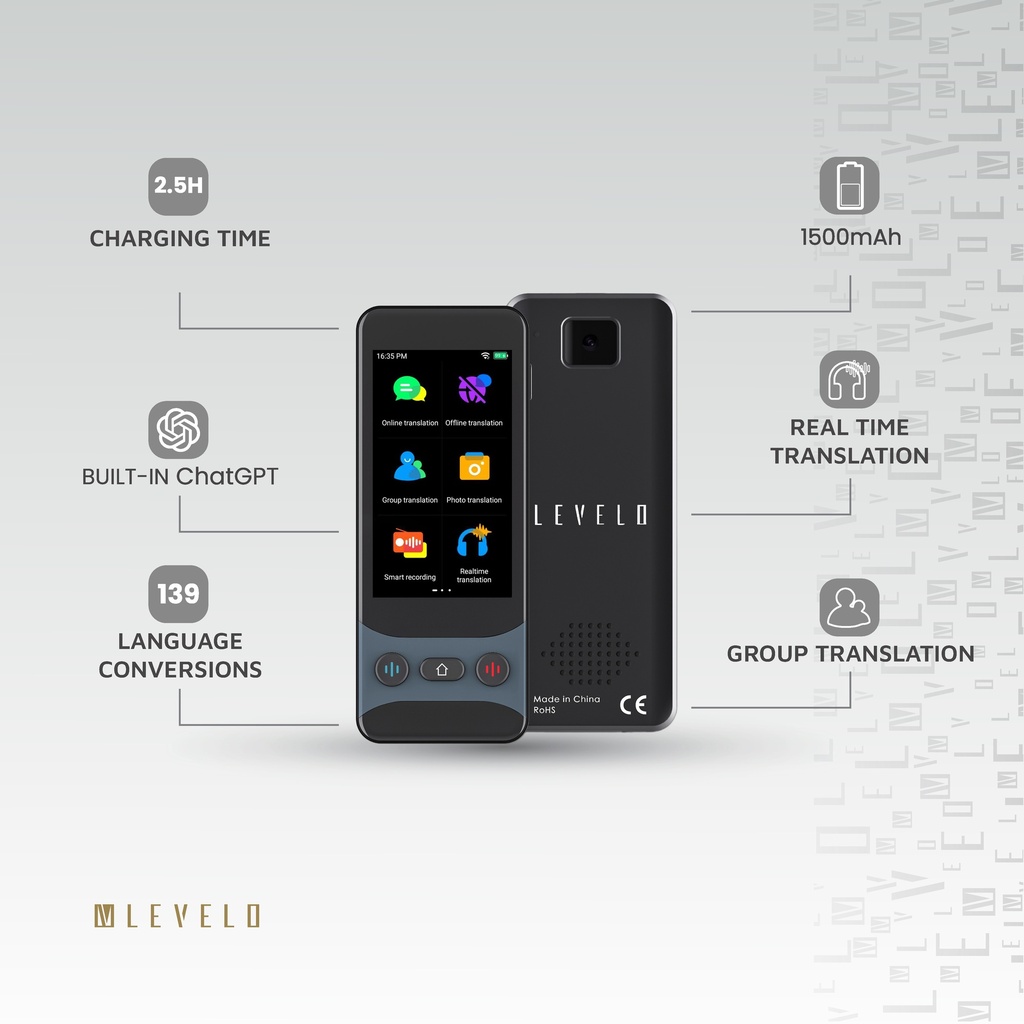 Levelo FluentLink Offline & Online Voice Translator - Grey